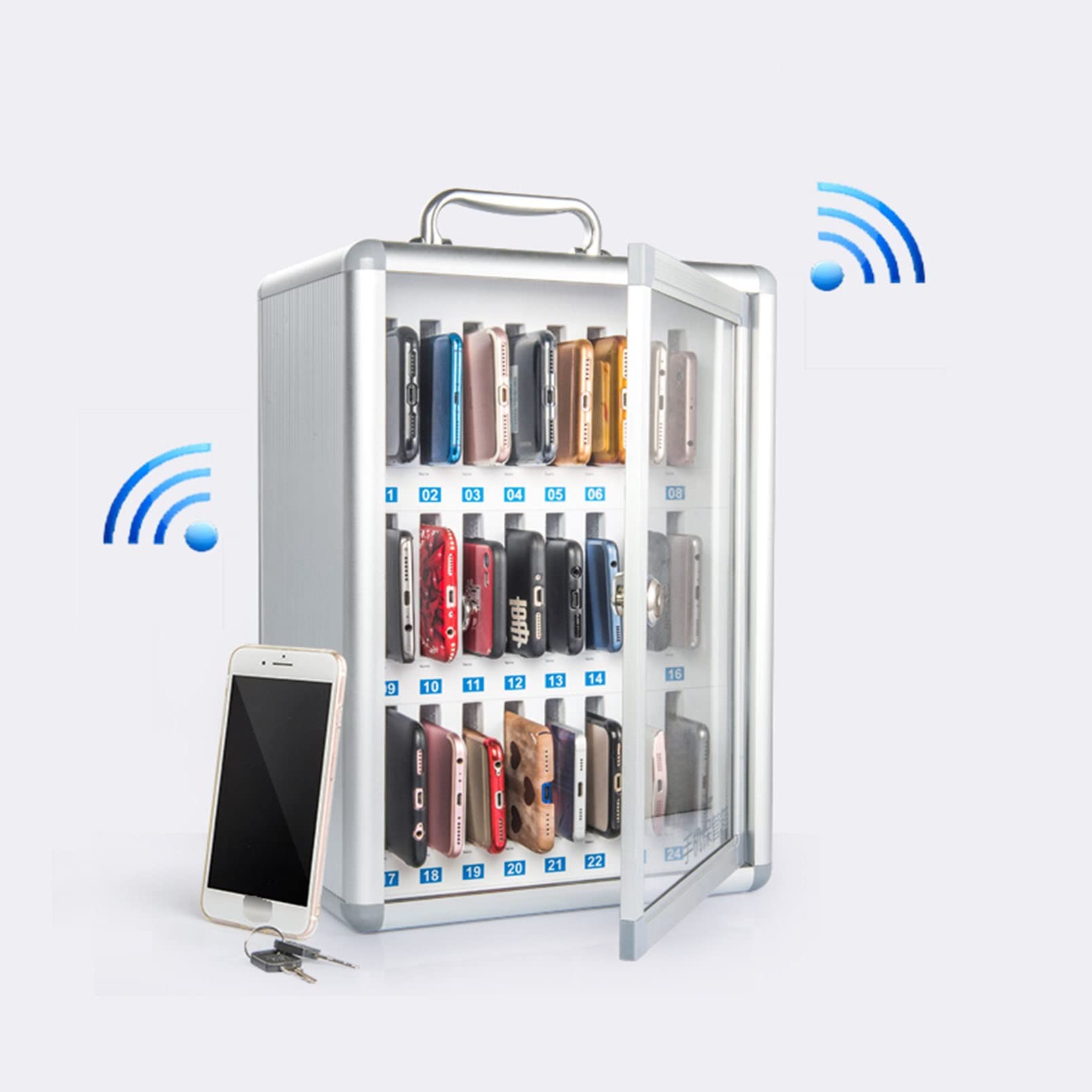 Scatola Porta cellulari in Lega di Alluminio con 24 Scomparti - Armadietto di Sicurezza con Chiave e Maniglia per Aula, Ufficio, esami - Tabella organizzativa per dispositivi mobili