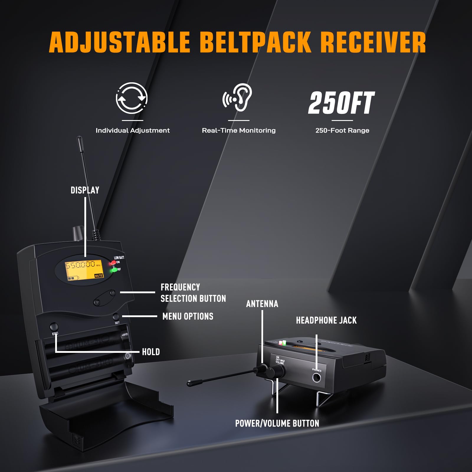 Sistema di monitor in-ear senza fili, IEM professionale con trasmettitore tascabile e auricolari, 100 frequenze UHF selezionabili, portata di 75 m, suono chiaro per musicisti, cantanti, bande
