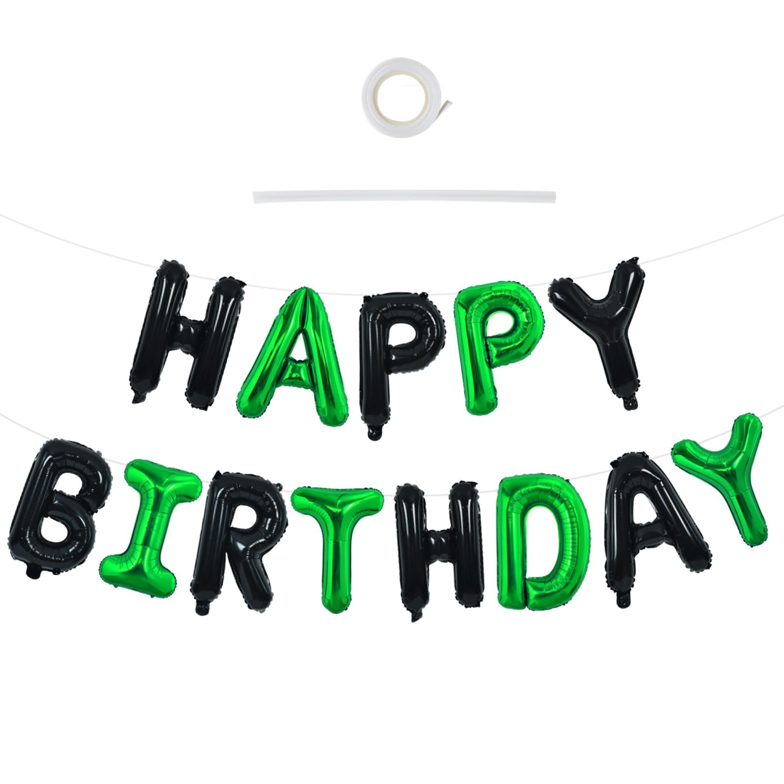 TONIFUL 16 Inch Letter Balloons Happy Birthday Balloons with Ribbon Straw, 16 Inch Mylar Letters Birthday Sign Banner Bunting Reusable for Adults Party Decorations Supplies（Black Green）