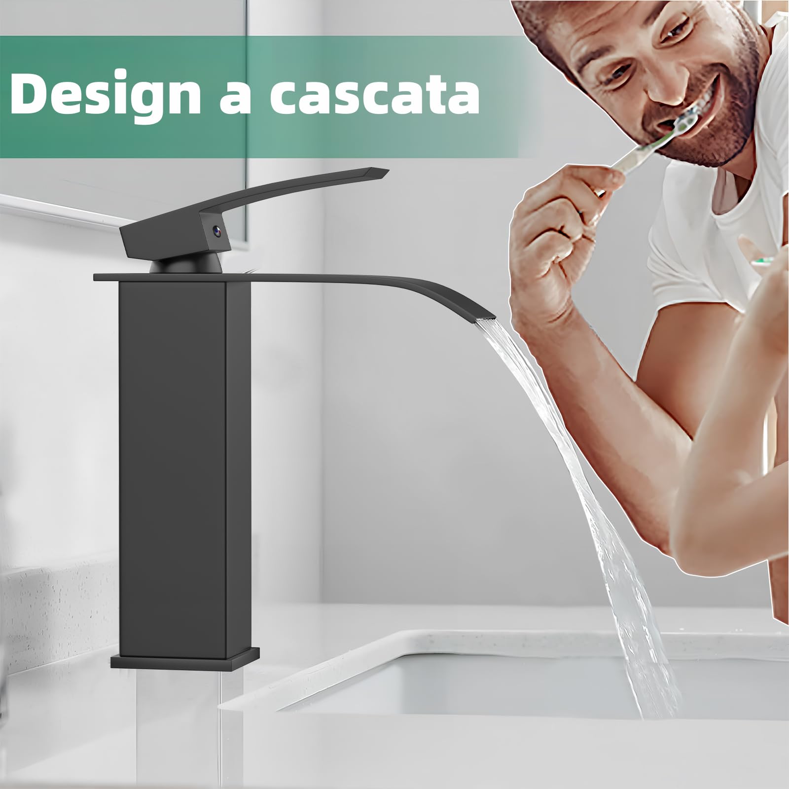 VOLTIX Rubinetto per Bagno a Cascata - Miscelatore Monocomando per Lavabo con Risparmio Idrico - Regolabile per Acqua Calda e Fredda - Rubinetto Lavabo Moderno Design Elegante per Bagno (Nero/Alto)
