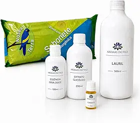 Kit ECONÔMICO Sabonete Artesanal Glicerinado, Base Glicerinada, Lauril 500ml, Extrato Glicólico 200ml, Essência Erva Doce 100ml - Aromas do Vale