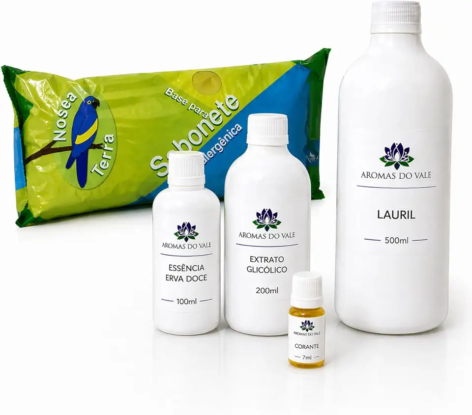 Kit ECONÔMICO Sabonete Artesanal Glicerinado, Base Glicerinada, Lauril 500ml, Extrato Glicólico 200ml, Essência Erva Doce 100ml - Aromas do Vale
