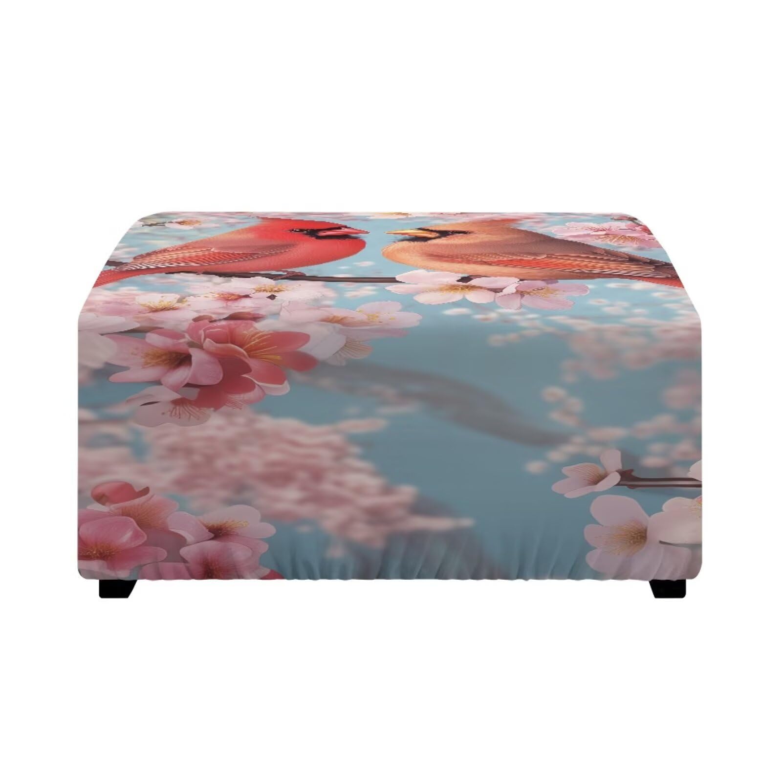 Xoenoiee Stretch Ottoman Cover Square Footstool Slipcover Folding Storage Stool Protector Nonslip Footrest Ottoman Cover with Elastic Bottom, Cardinal Birds Cherry Blossom, Large