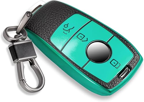 Miniatura 1 de Funda para llavero de Mercedes Benz con llavero de cuero, funda de grano de superficie de TPU suave avanzada para llavero remoto inteligente sin