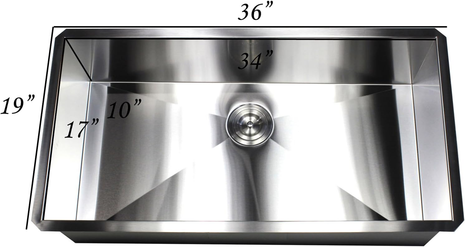 Kingsman ARL-F3619 36 Inch Zero Radius Design 16 Gauge Undermount Single Bowl Stainless Steel Kitchen Sink Premium Package