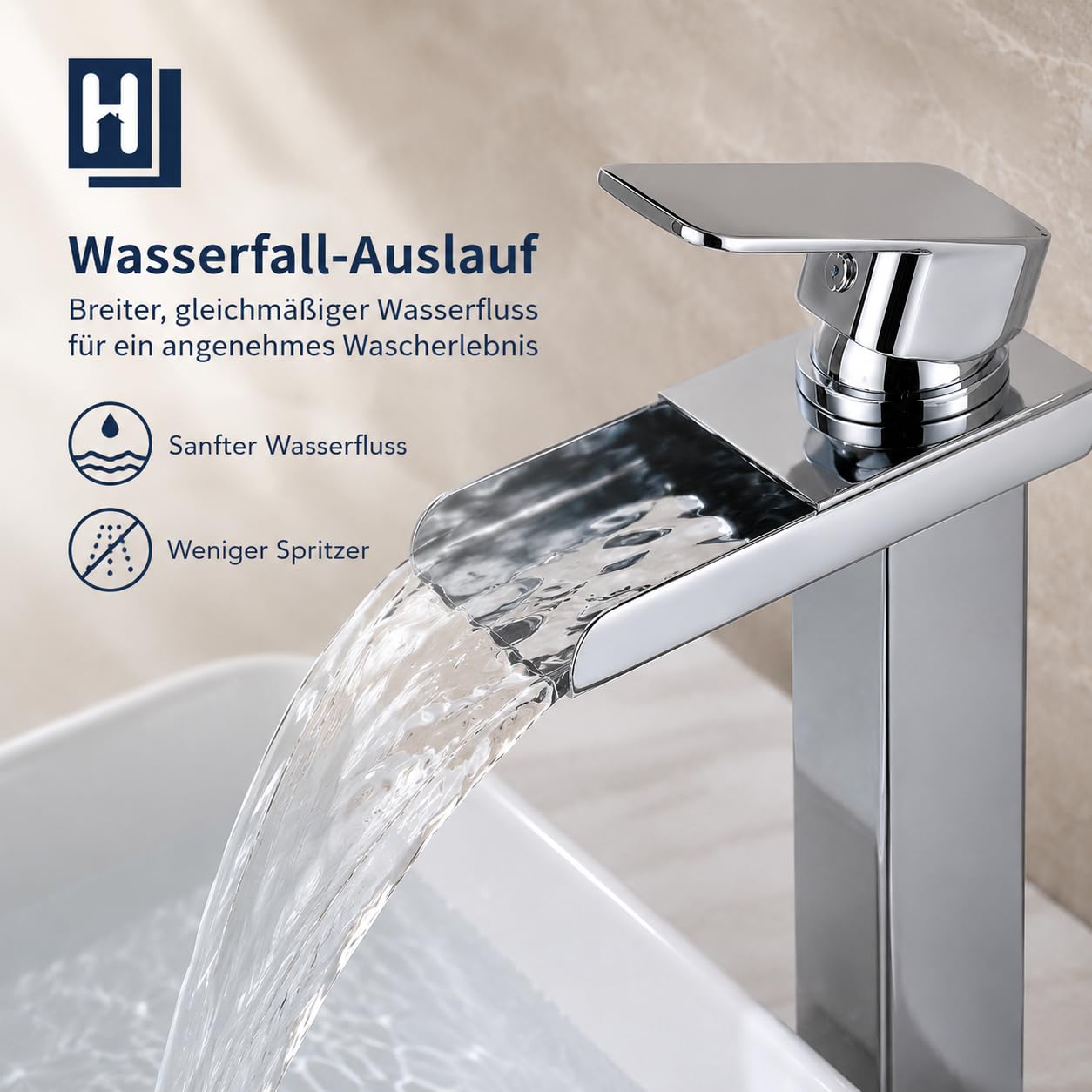 HOMELODY Rubinetto da bagno a cascata, miscelatore monocomando in ottone con beccuccio, altezza 260 mm, moderno miscelatore per lavandino, a risparmio energetico, cromato