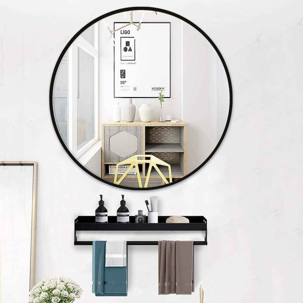 Wandspiegel voor woonkamer slaapkamer entree, zwarte ronde badkamerspiegel, moderne decoratieve spiegel, metalen frame make-upspiegel met ketting, geen ponsen/perforatie (Size : 60cm/23.6in