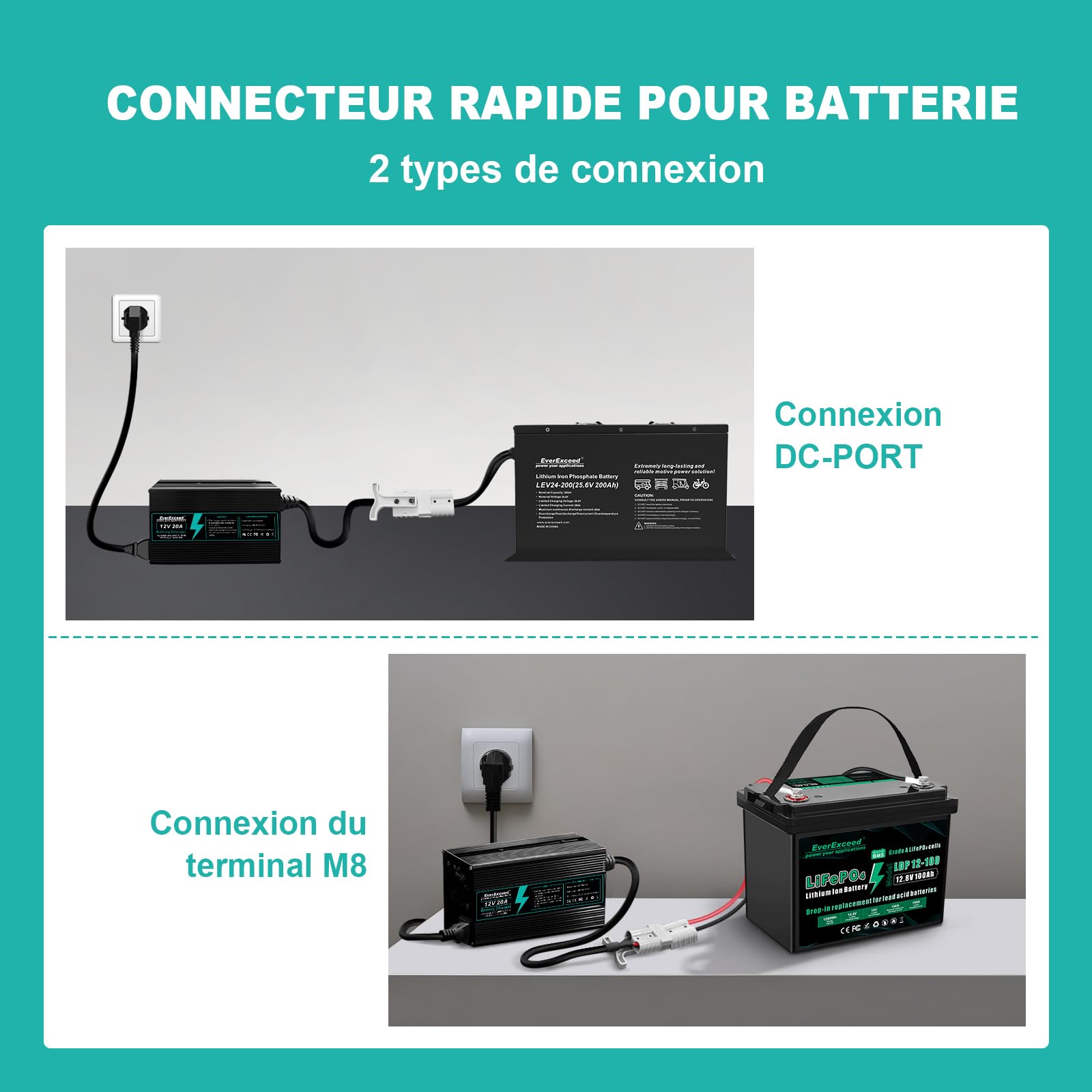 EverExceed Chargeur Lifepo4 12V 20A 14,6V Chargeur Lithium Lifepo4 AC-DC, Chargeur de Batterie Lifepo4 14,6V 20A pour Batterie Lifepo4 au Lithium à Cycle Profond de Voiture, Marine, VR