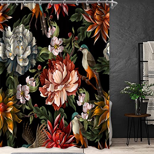 Black Boho Floral Shower Curtain Unique Colorful Bohemian Mandala Beautiful Flower Leaves Shower Curtain For Bathroom Cute Spring Bright Blossom Modern Aesthetic Shower Curtain Sets With Hooks #TOP1