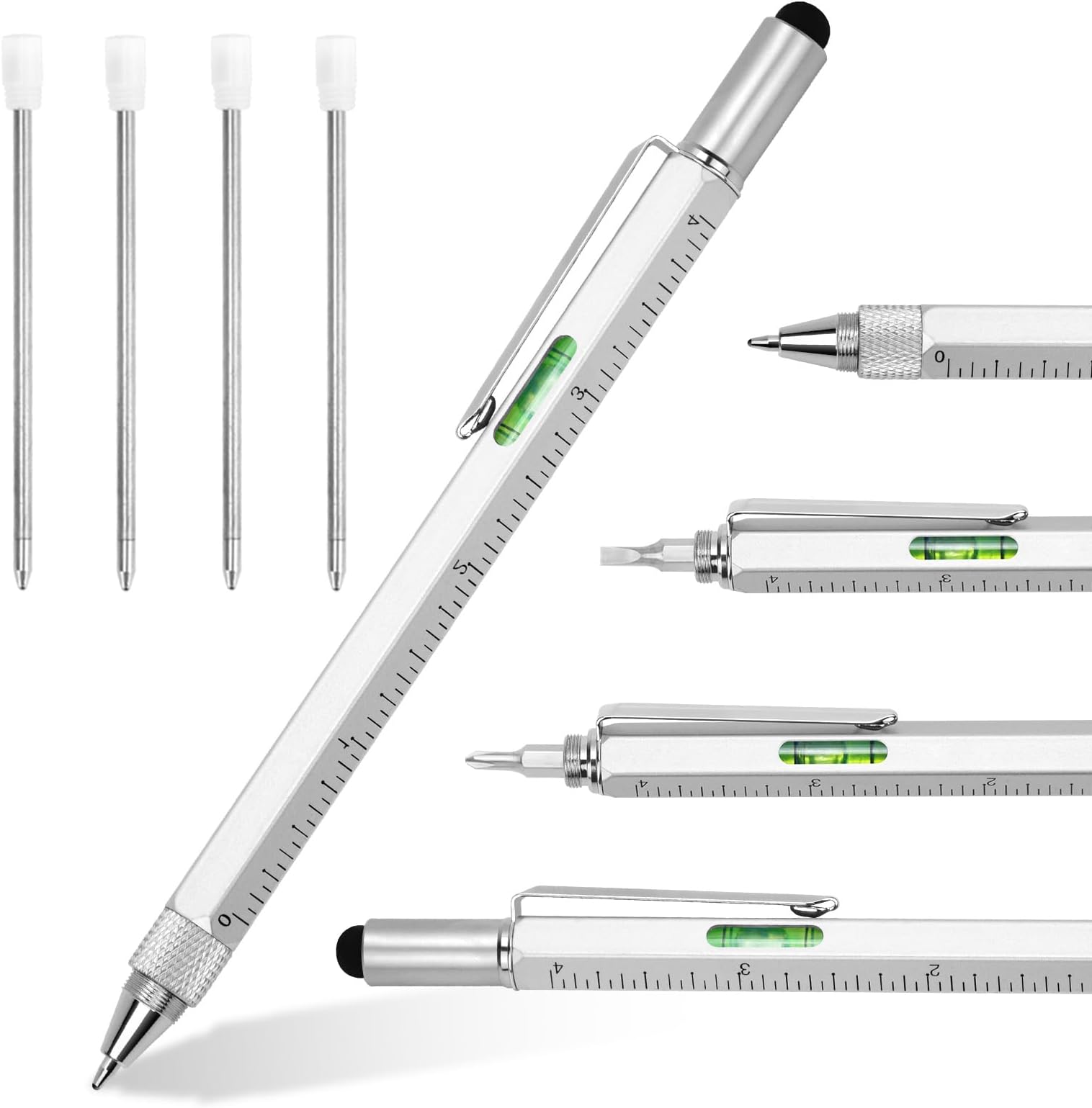 Cool Pen Gifts for Men, 6-in-1 Multi Tool Tech Pen Gadgets Tools for Men, Personalized Gifts for Him, Funny Gift for Christmas, Father's Day Valentines or Birthdays Gifts (6 IN 1 Silver)
