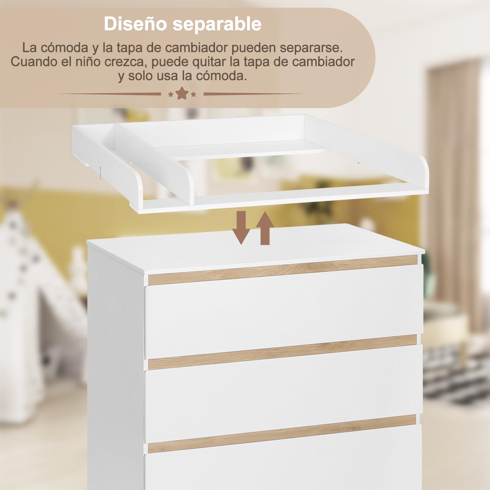 WOLTU Cambiador Bebe con 4 Cajones, Cómoda Cambiador Pañales, Cómoda para Dormitorio, Gran Almacenamiento, Fácil de Limpiar, Blanco+Roble Claro, 80x75x109,2 cm