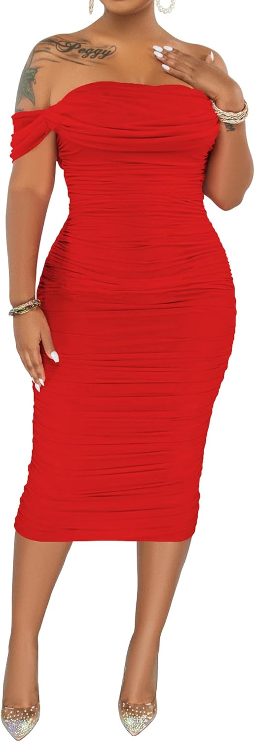 PINSV Women Ruched Off Shoulder Dress Bodycon Party Elegant Midi Dresses