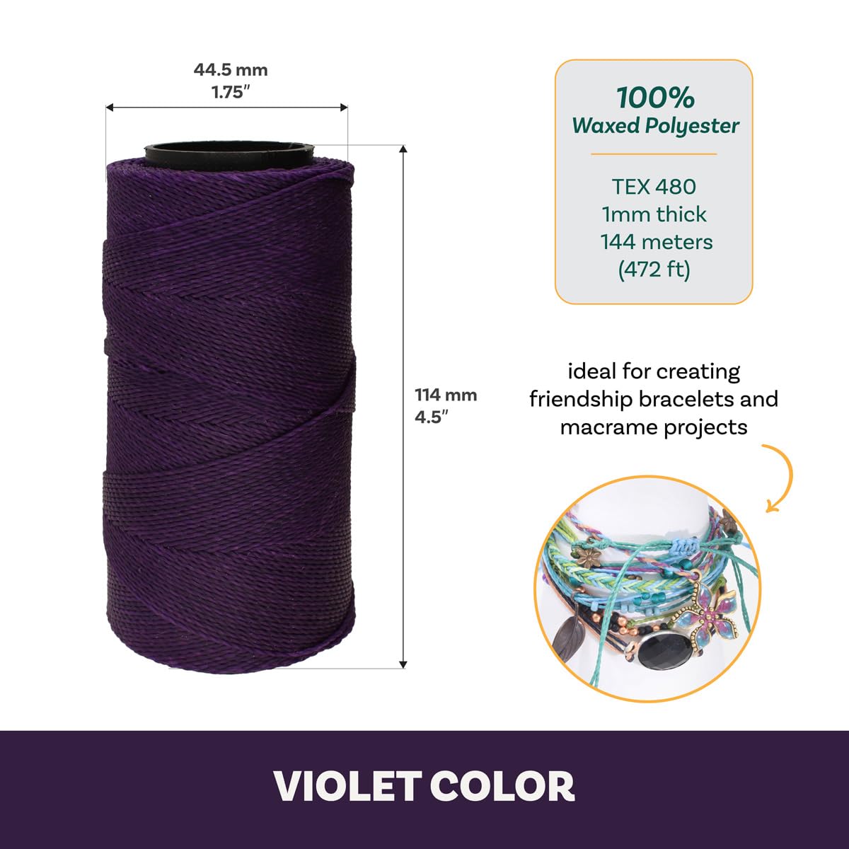 The Beadsmith Knot It Waxed Polyester Cord, Violet Color, 0.7mm Diameter, Light Wax, 144 Meters (472 Feet) Per Spool - Image 4