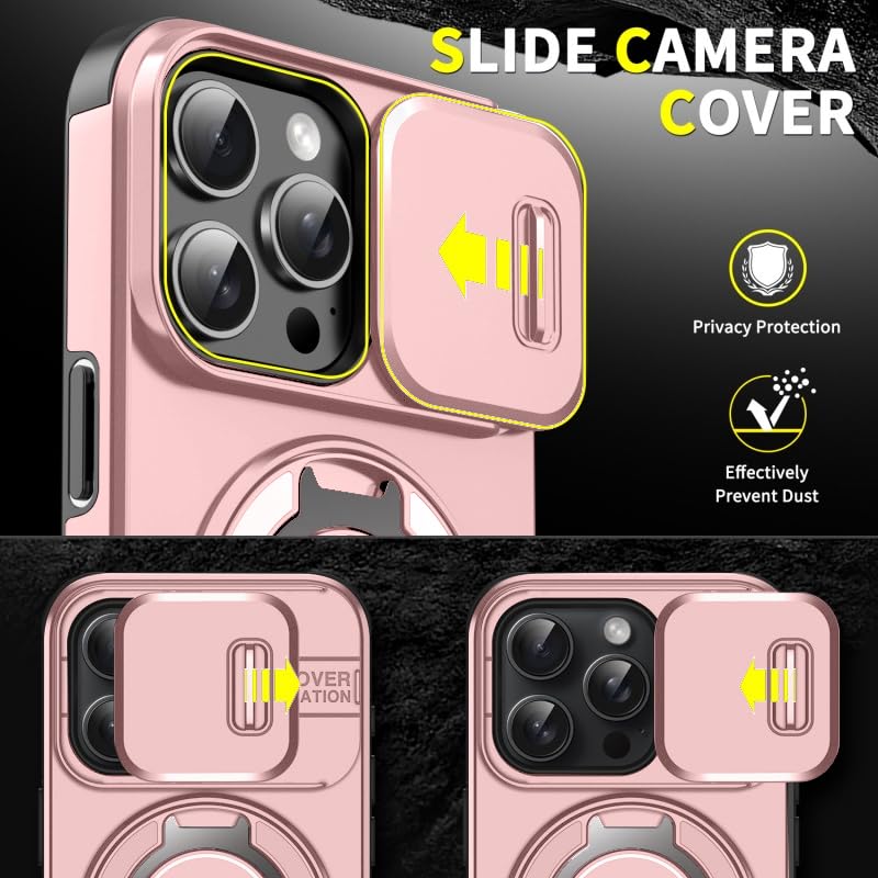 Image of LuxuryKase Shockproof Rugged Case for iPhone 15 Pro | Slide Camera Cover | 360 Rotating Ring Kickstand | Military-Grade Protection - Rose Pink