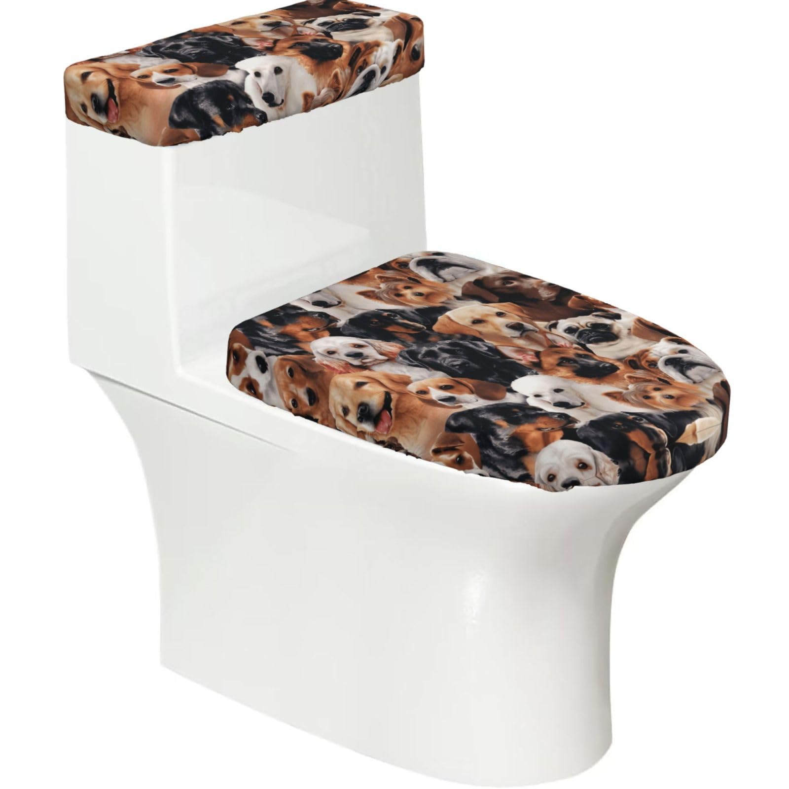 Many Dogs 2-Piece Toilet Seat Cover Set with Tank Lid, Elastic Fit for U-Shape & Elongated Toilets, Bathroom Decor, Housewarming Gift