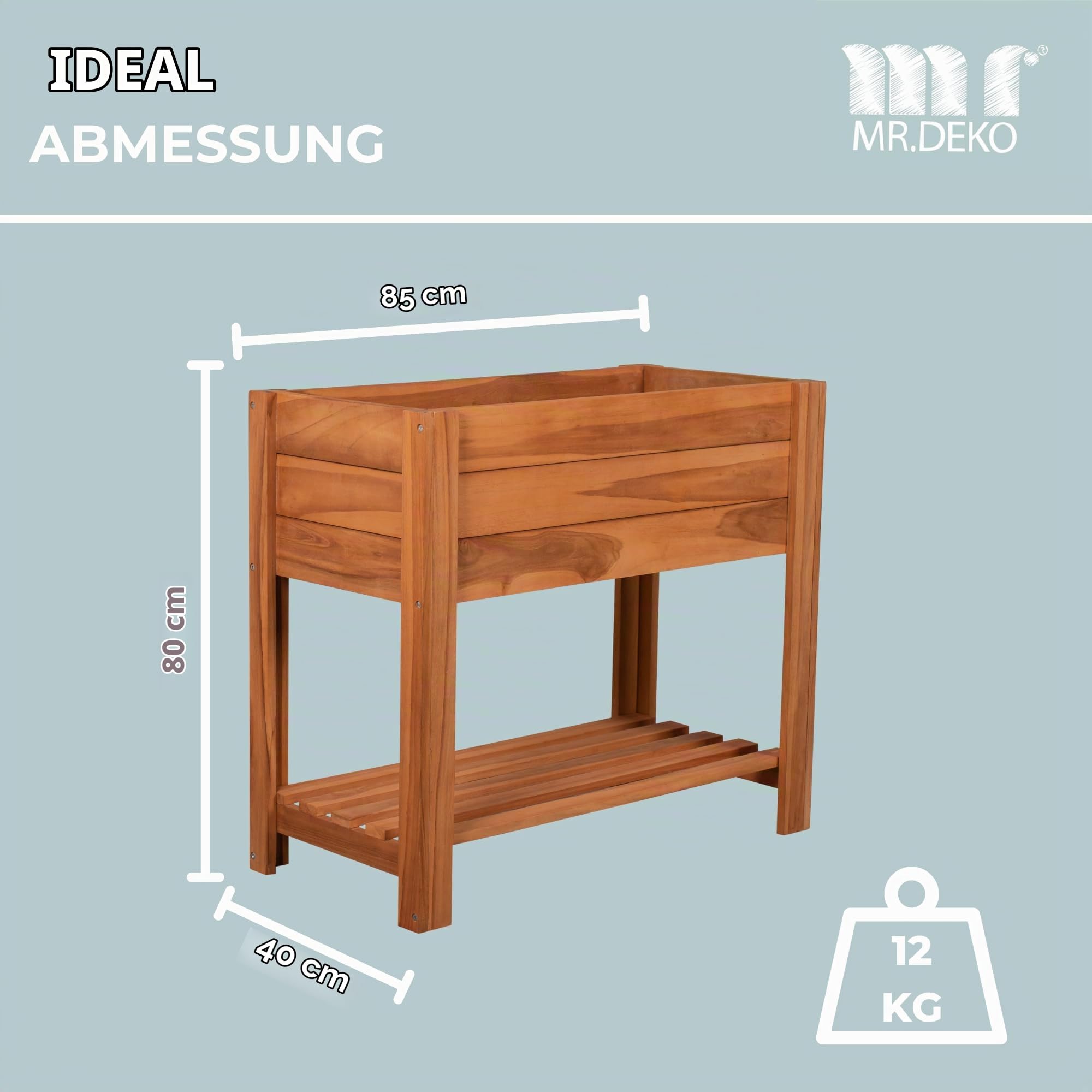 MR. DEKO® Hochbeet Kräuter aus Teakholz | modernes Gartenbeet XL Blumenkasten 86x40x80 cm (BxTxH) | großes Kräuterbeet | Pflanzenbeet für den Balkon-Garten | Naturholz mit Folie | Sichtschutz