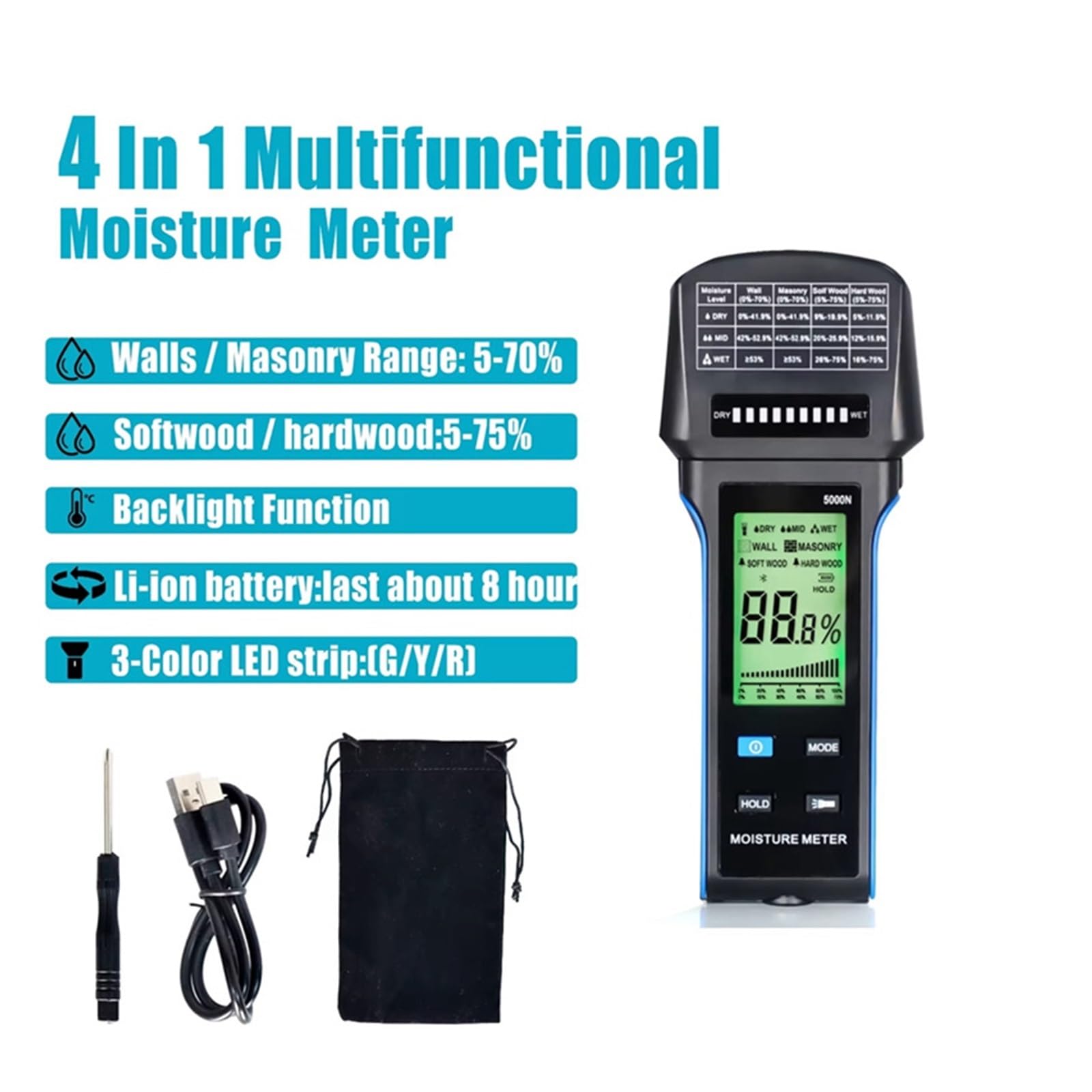 Medidor de humedad pared con alerta automática, recargable, 4 en 1, for madera y paneles yeso, rango medición 5000 N,Pruebas sin daños