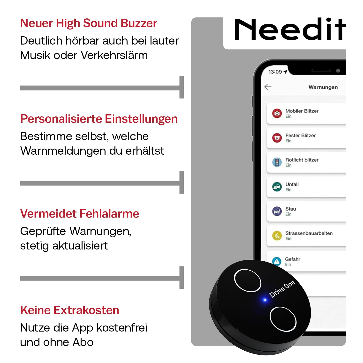 Needit Rilevatore di telecamere Drive One a 2 velocità [NUOVO modello 2026] Dichiaro sugli autovelox e sui pericoli del traffico stradale, rilevatore radar con schermo a LED, attivato automaticamente