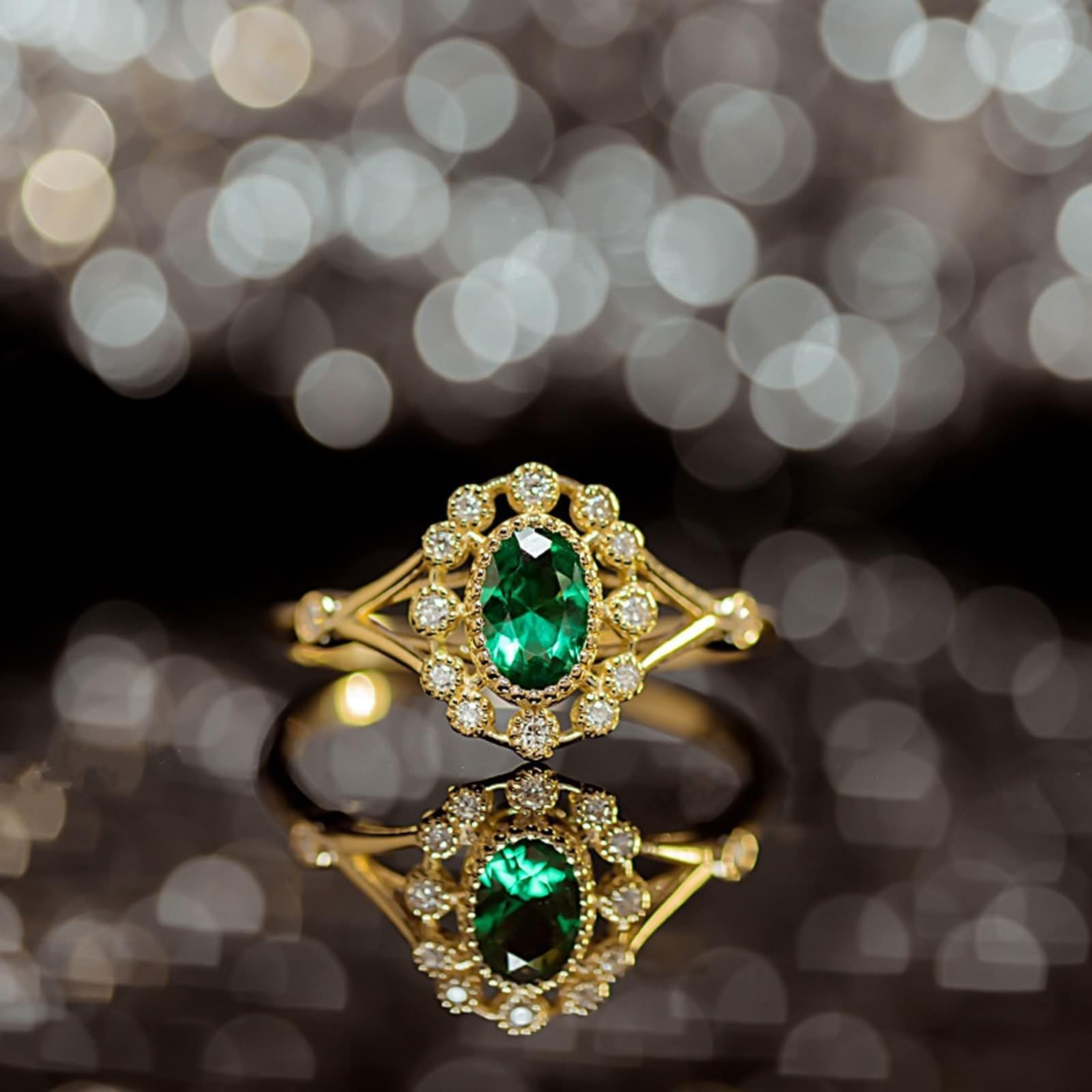 AMDXD 18K Gold Trauringe Echt Gold, Hohl Blumen Bandringe mit Tsavorite Grün Ovalschliff, Au 750 Diamant Eheringe Diamantring, Gr.47-65