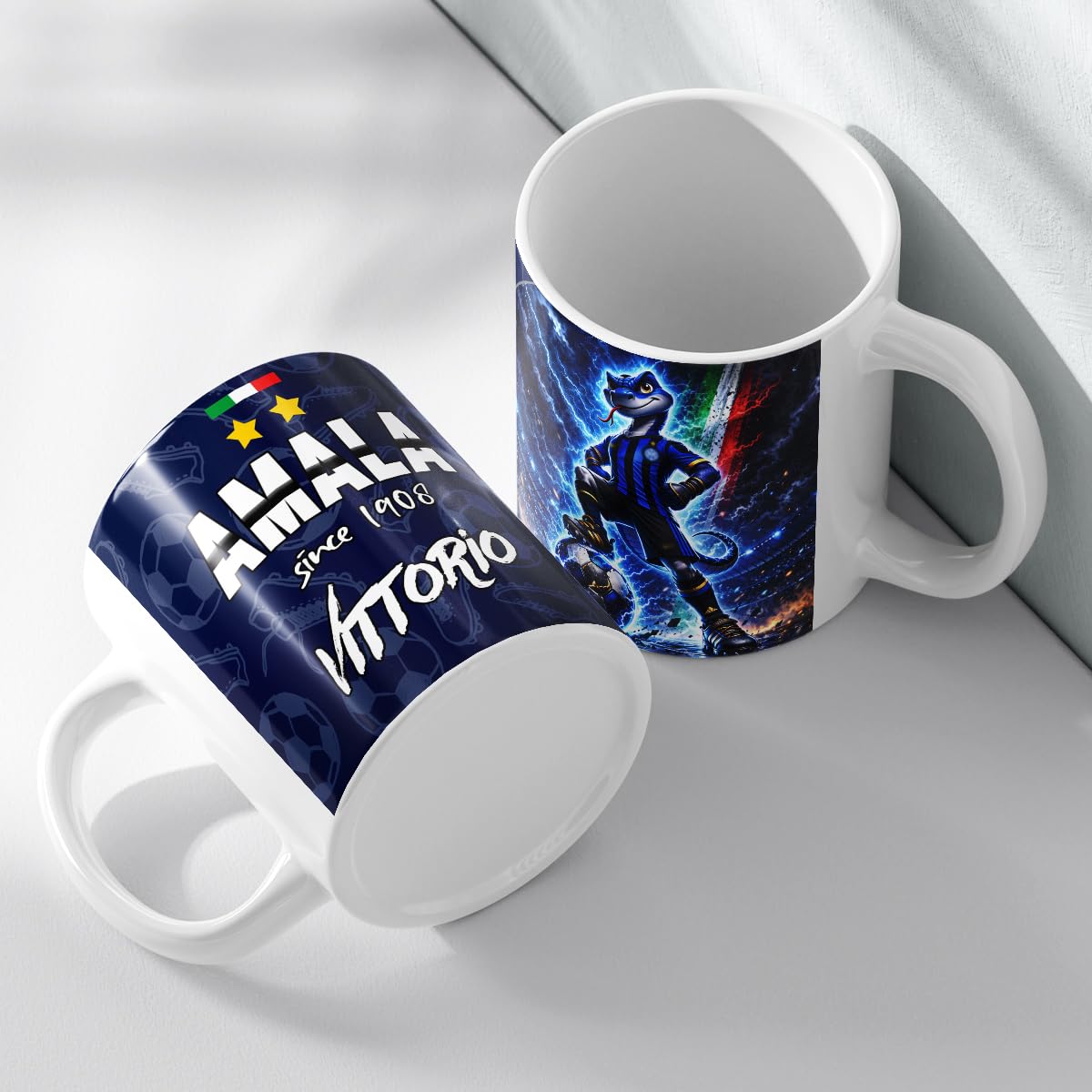 Tazza in Ceramica Tifoso Inter Nerazzurro con Mascot Serpente Calcio, Personalizzabile con Nome, Idea Regalo Uomo Donna, Gadget Sport Casa Ufficio Colazione