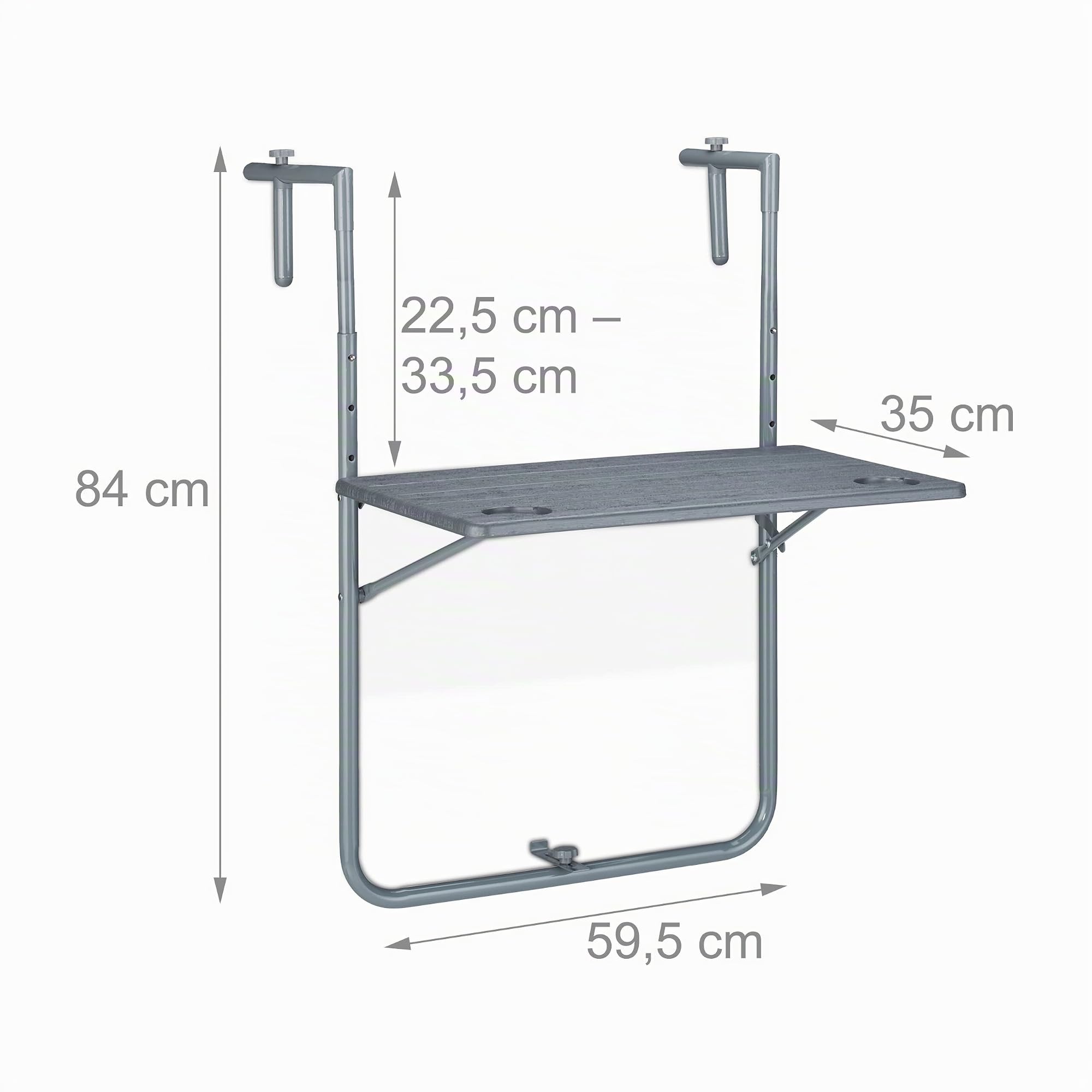 Relaxdays Table de Balcon Suspendue Rabattable, rectangulaire, HxL: 59,5x60 cm, Hauteur 3 Niveaux 2 Porte-Boissons, Gris