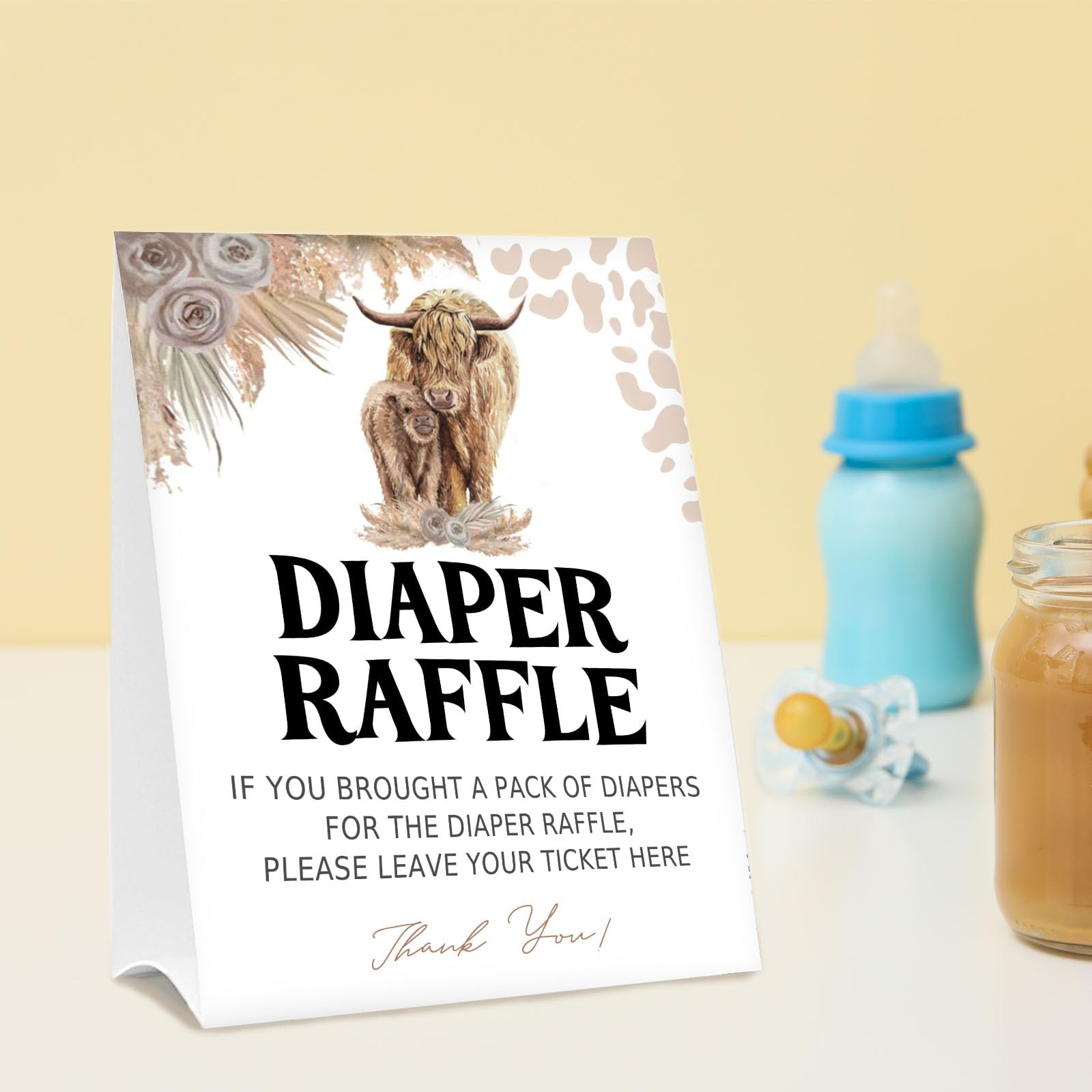 Boletos para rifa de pañales para juego de baby shower, 1 letrero de pie y 50 tarjetas de adivinanzas para decoración de fiesta de baby shower, vaca sagrada, vaca bohemia de las tierras altas