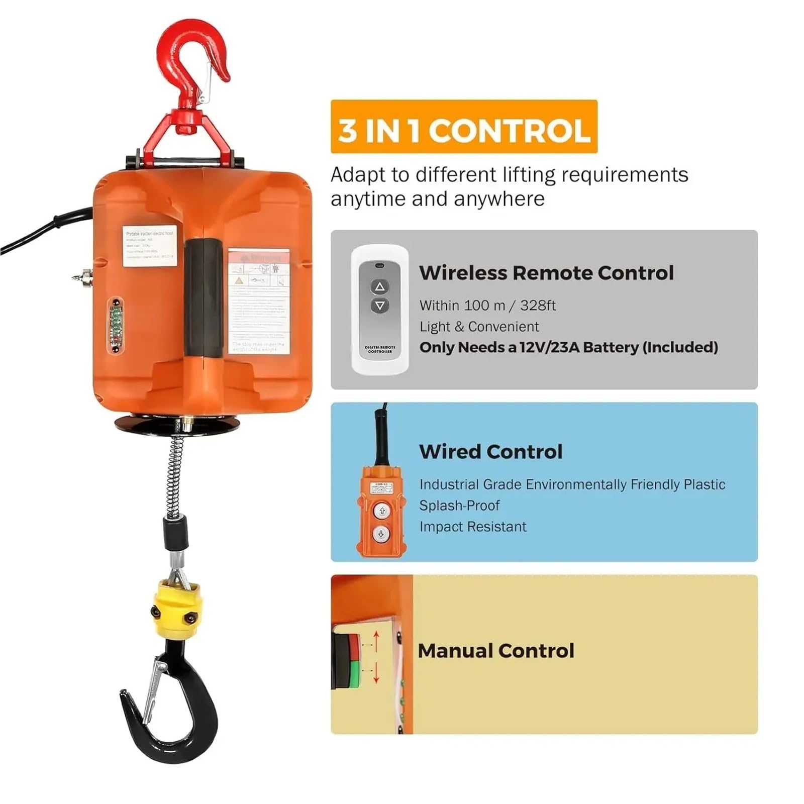Elektryczny wciągnik łańcuchowy 3 w 1 przenośny wciągnik elektryczny z bezprzewodowym pilotem zdalnego sterowania, dźwig, hak, koło pasowe(Wire Control,300KG 11.8M)