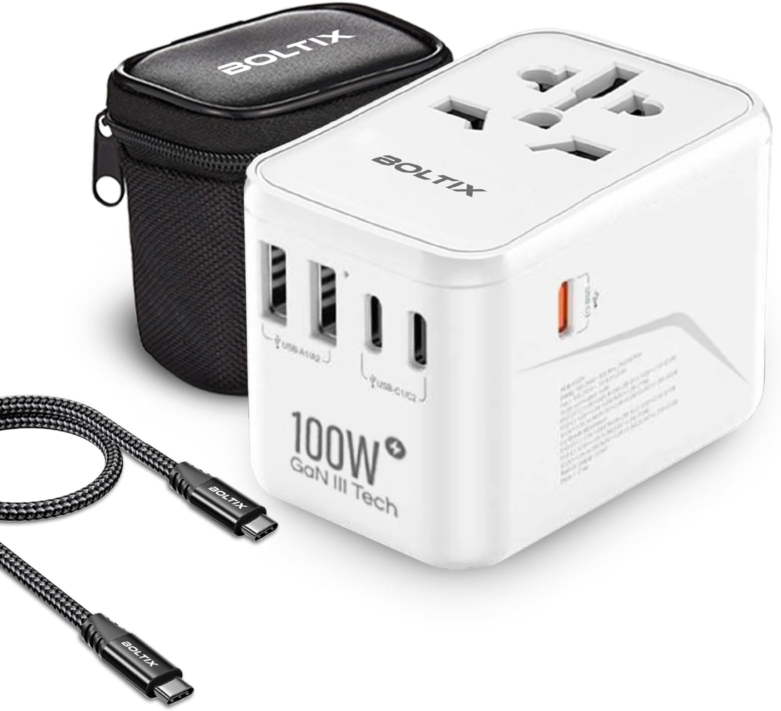 BOLTIX Universal Travel Adapter, 100 Watt Power Adaptor with Zip Bag | International Fast Charging with 3 USB-C and 2 USB-A Ports, Worldwide Adapter for EU, UK, USA, AU, Travel Plug Kit (100W - 2A/3C)