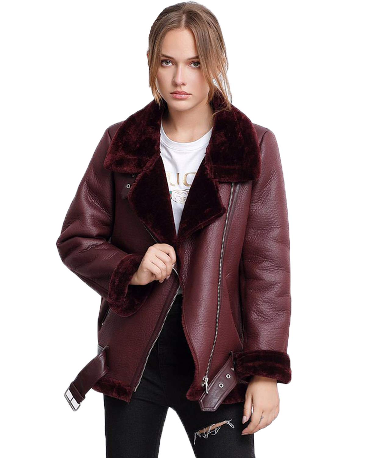 LY VAREY LIN Women's Faux Shearing Moto Jacket Thick Lined Parka Winter Shearling Coat Leather Jacket