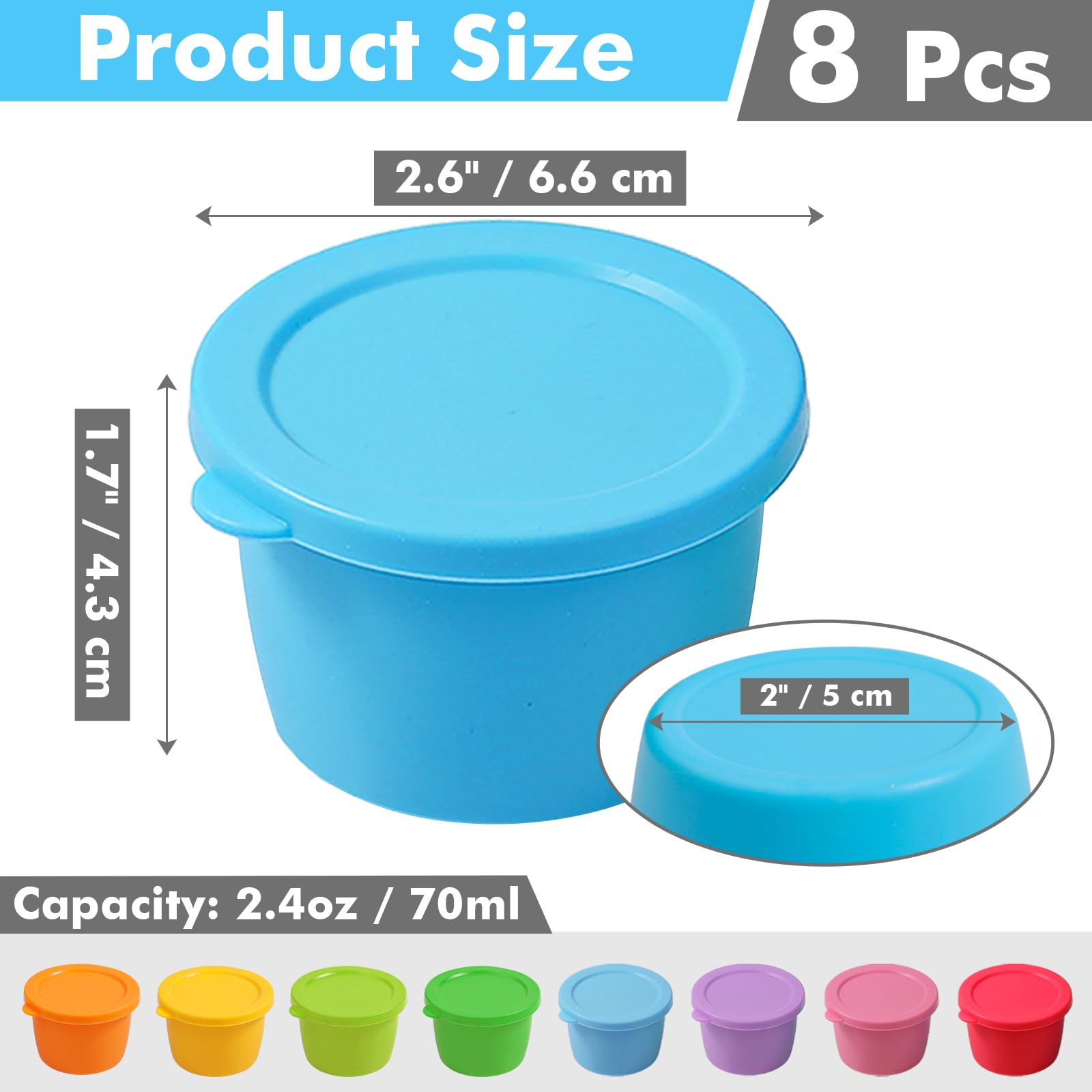 KOLUTI 2.4oz Salad Dressing Container To Go 8 Pack, Nonstick Silicone Condiment Portion Cup with Lid, Small Sauce Storage Box for Lunch Bento, Leak-proof, BPA Free, Dishwasher & Microwave & Oven Safe