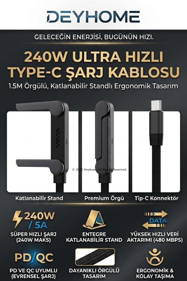 Deyhome 240W Ultra Hızlı Type-C Şarj Kablosu – 1.5M Örgülü, Katlanabilir Standlı Ergonomik Tasarım, PD Hızlı Şarj ve Data Aktarım Kablosu