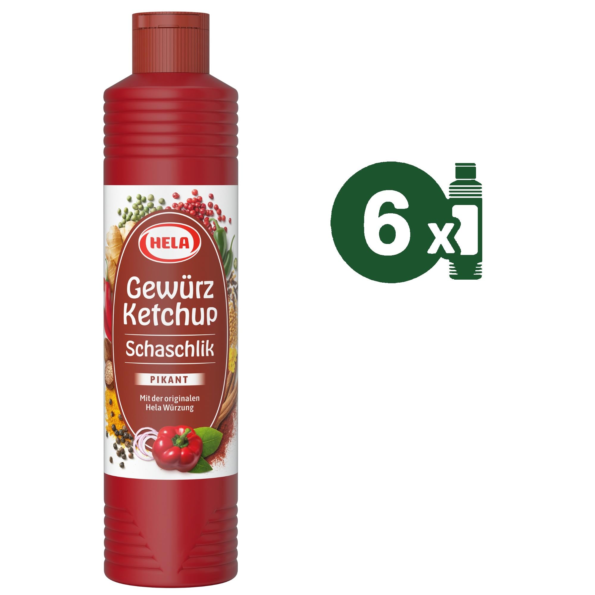 Hela Gewürz Ketchup Schaschlik 6er Pack (6 x 800ml) - Pikante Schaschliksauce in der handlichen Dosierflasche - Vegan, Glutenfrei & Laktosefrei - Ideal für Grillfest & Picknick Vorrat
