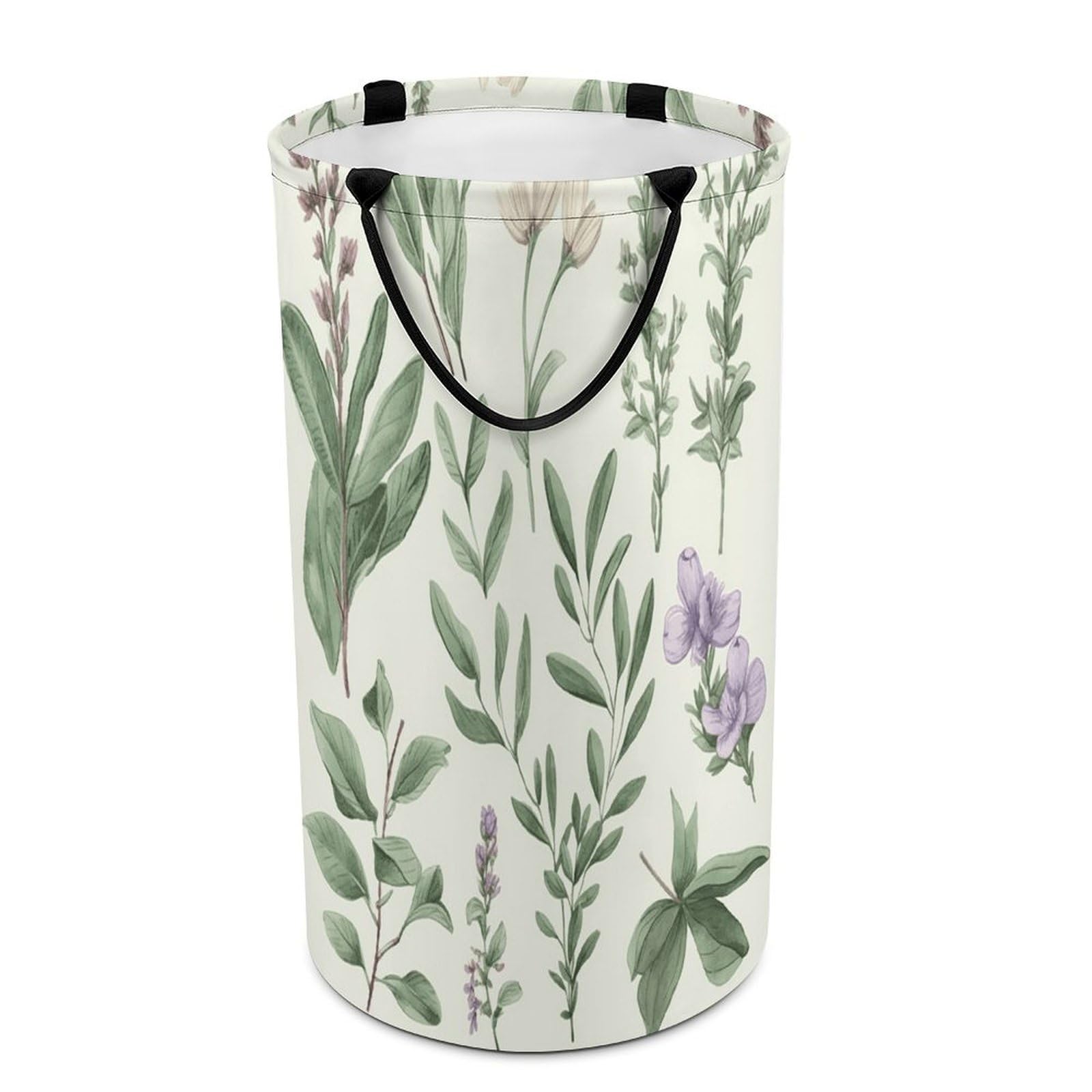 Green Flower Herb Sage Leaves And Branches Laundry Basket Large Foldable Laundry Hamper with Handles Freestanding Collapsible Clothes Basket Waterproof Portable Dirty Clothes Hamper for Bathroom 86L