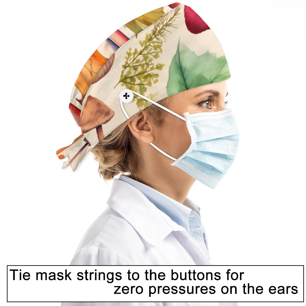 Watercolor Leaf Mushrooms Working Caps with Button Sweatband Comfortable Adjustable Bouffant Hats Work Hat for Women Men
