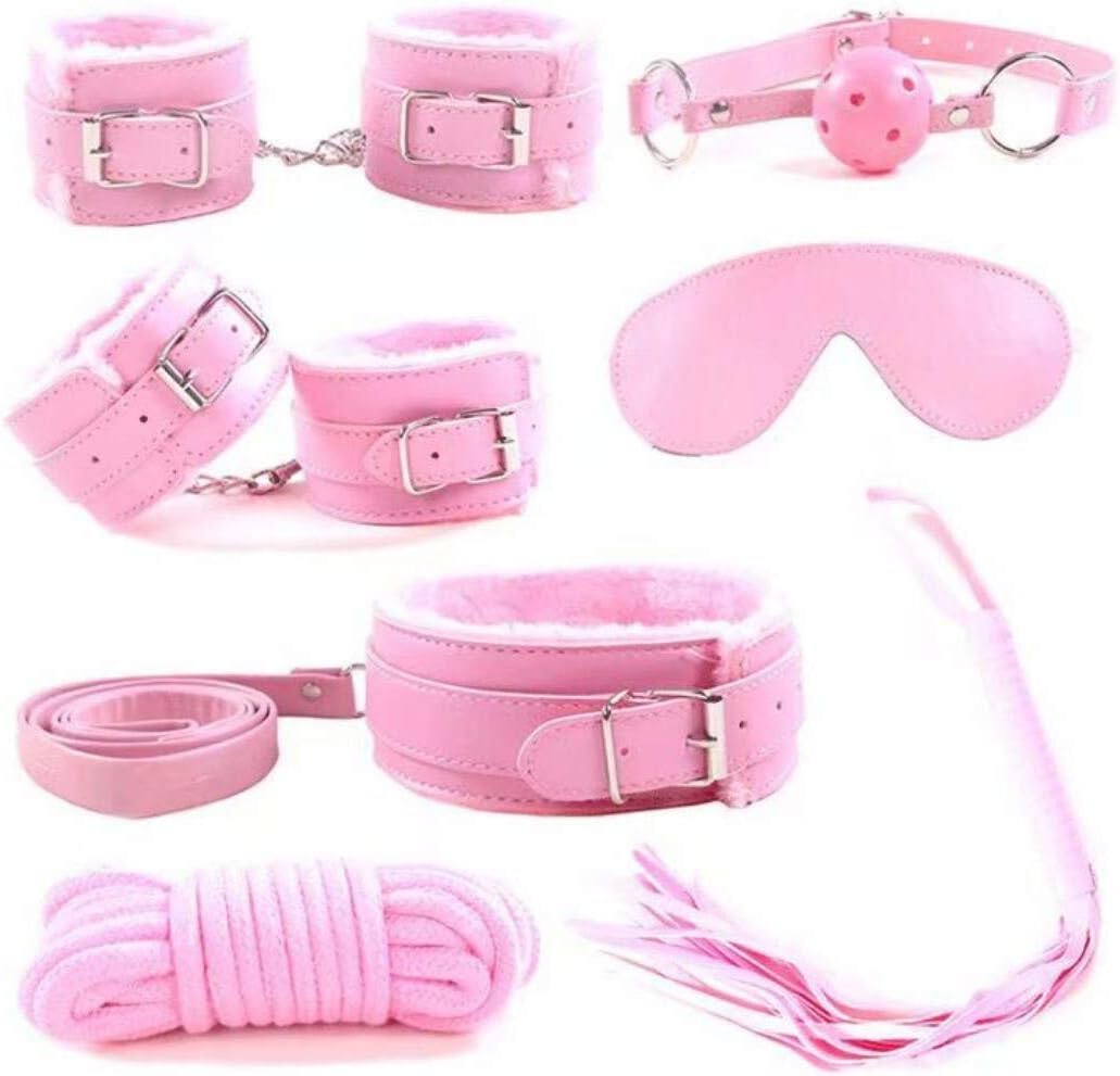 Satin Blindfold, Velvet Drawstring Bag and - Adjustable Size Sports Belt for All beds. (Pink) (Set of 7) A227