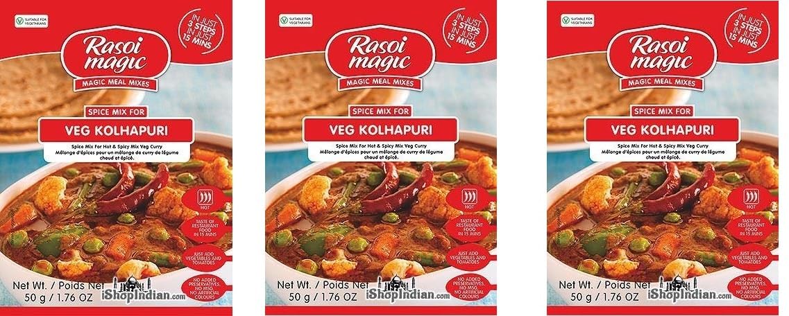 Rasoi Magic Seasoning Spices Masala Powder (45 Gram) - Curry Mix Masala Recipe Casserole Herbs - Aromatic & Enhances Flavor of Meal (Veg Kolhapuri, Pack of 3)