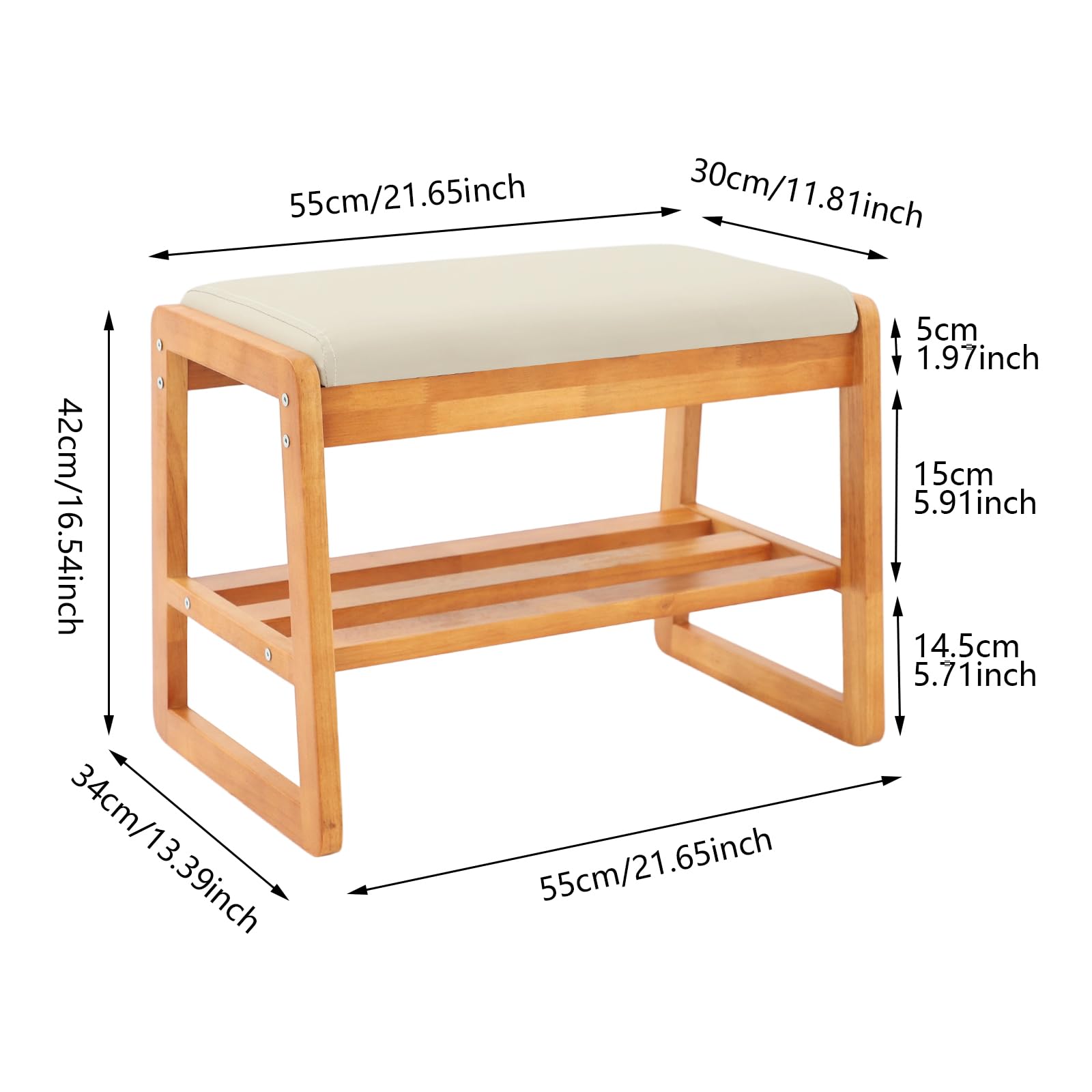 Zapatero de madera con asiento, zapatero con cojín, 2 niveles, para pasillo, armario, salón, 55 x 30 x 42 cm (color madera cerezo)