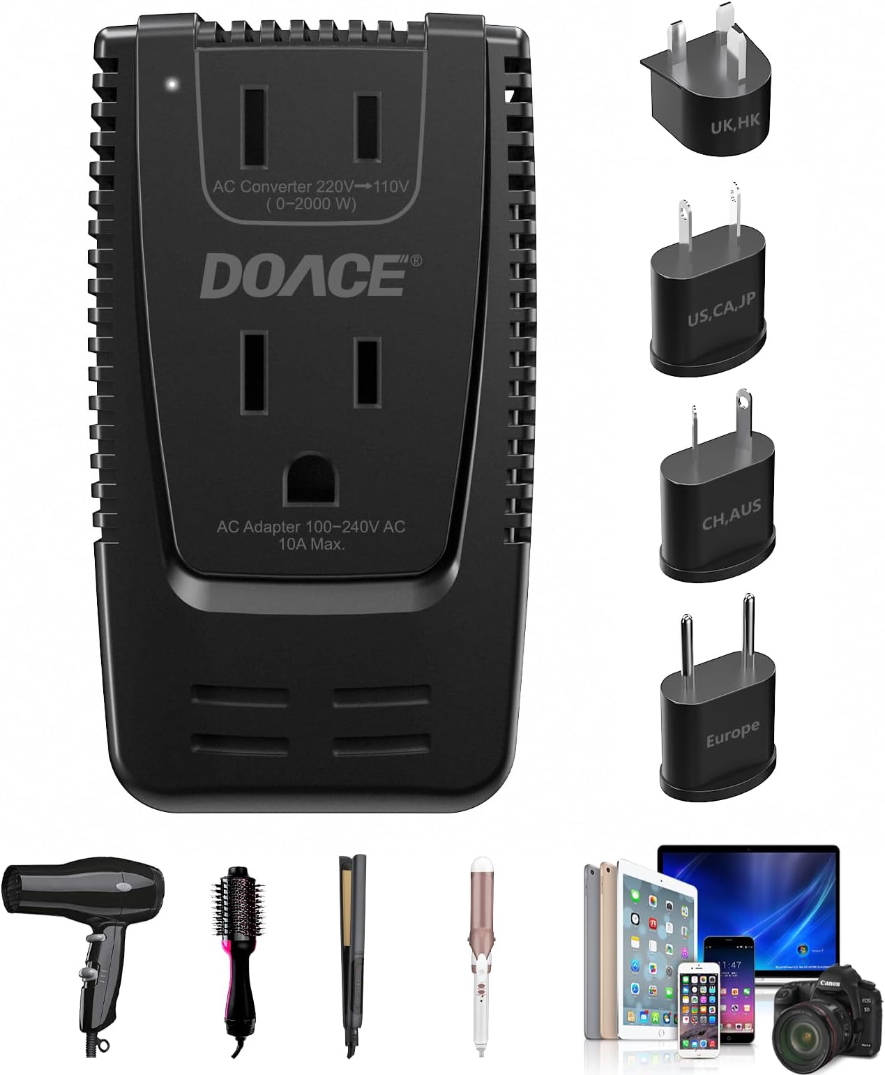 DOACE 220V to 110V Converter, C13 0-2000W Travel Voltage Converter for Hair Dryer Straightener Curler, Electric Shaver Toothbrush CPAP, Power Adapter US to EU/UK/AU for Laptop Tablet Camera Cell Phone