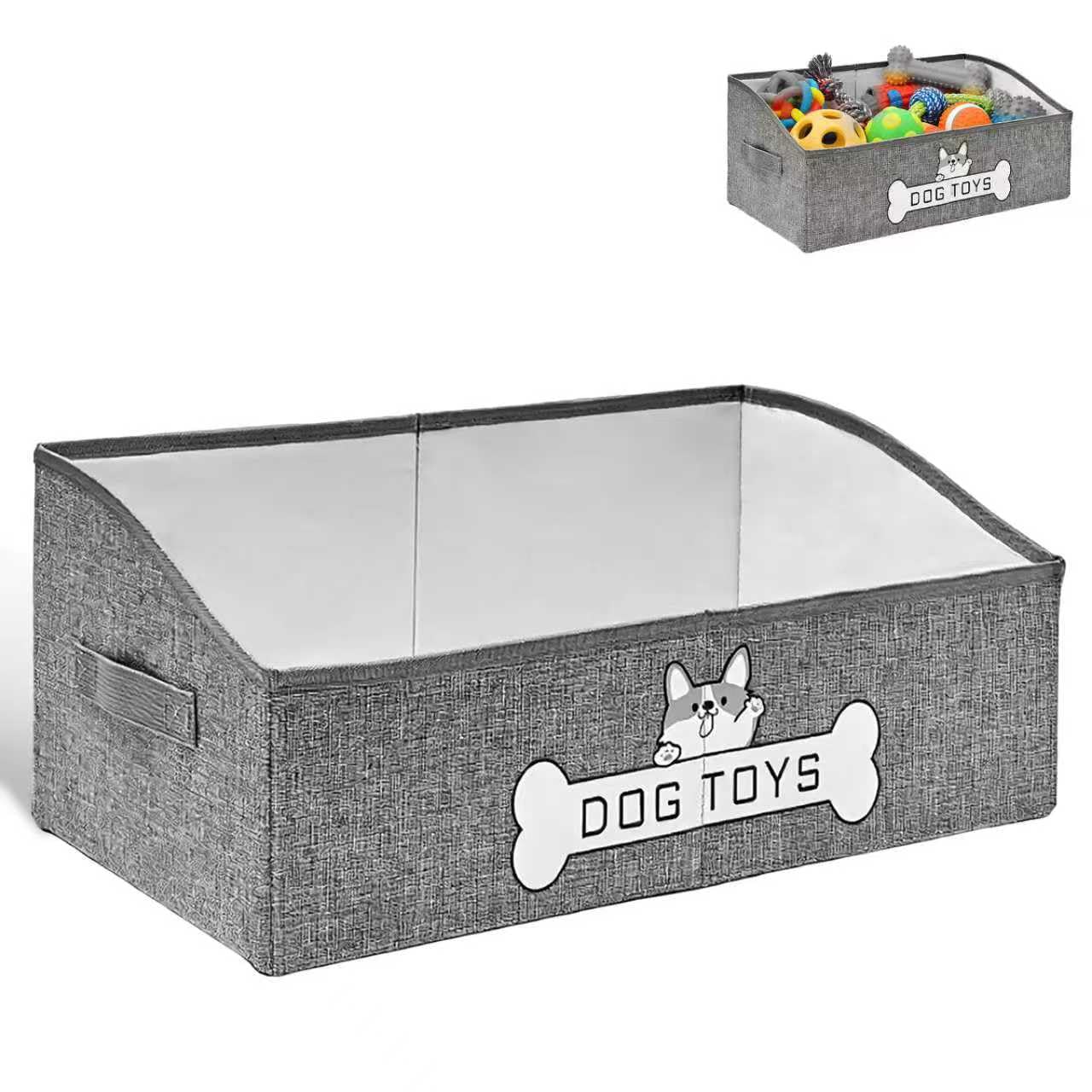Rzspher Dog Toy Box 50x29x22 cm, Foldable Fabric Trapezoid Organizer Boxes with Handle, Large Dog Toy Bin for Pet Supplies Toys Collars Clothes Treats Accessories (Grey)