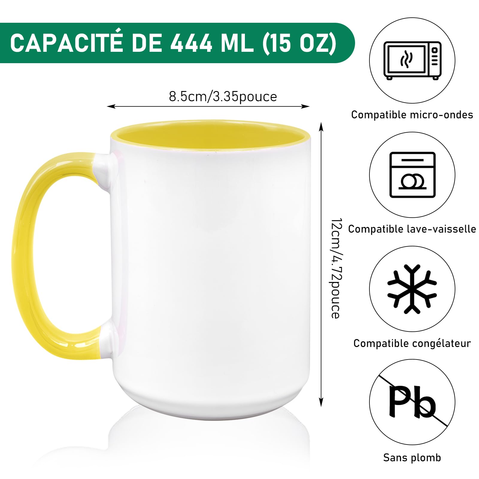 Lot de 12 Mugs Bicolores pour Sublimation, 443 ml/15 oz