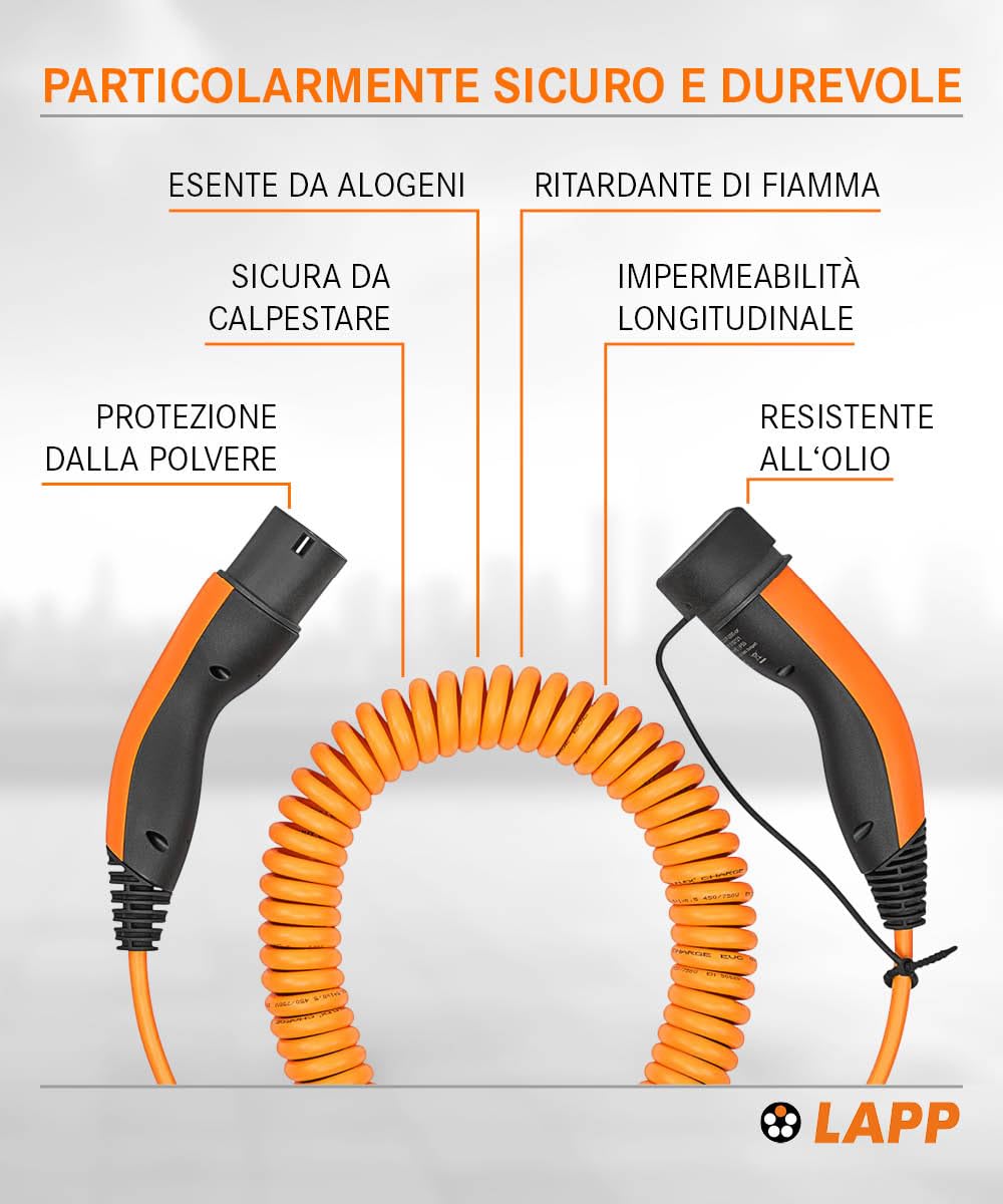 Lapp Cavo di Ricarica a Spirale per Veicoli Elettrici Mobility Tipo 2-11 kW, 20 A, Trifase, Resistente alla Polvere e all'Acqua IP55, Compatibile con Auto Elettriche e Ibride Europee, 5 m, Nero