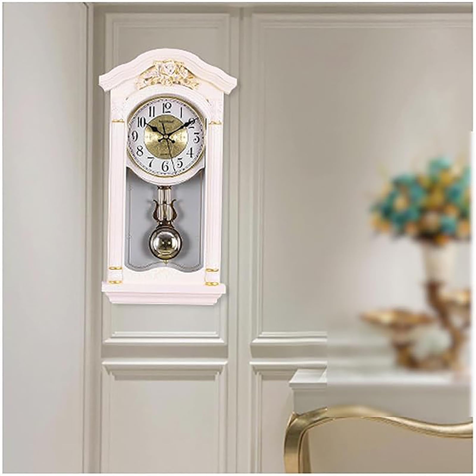 Reloj de Pared con péndulo y campanadas, Relojes de Pared Europeos Vintage con péndulo oscilante, Funcionamiento silencioso a Pilas, Ideal para salón, repisa de Chimenea y estanterías.(Red)