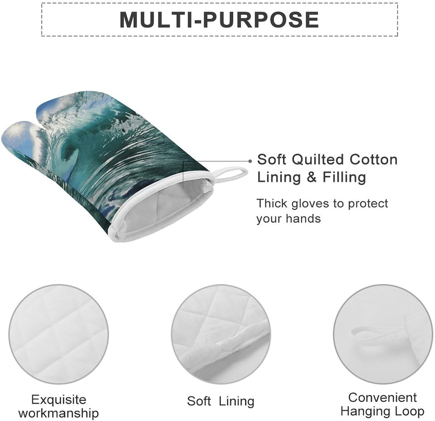 2 Pcs Oven Mitts Heat Resistant Kitchen Gloves Soft Safety Big Ocean Wave Oven Glove for Microwave, Barbecue