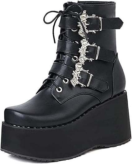 QAZW Donna Goth Punk Platform Stivali al Polpaccio Chunky Ampia Larghezza  Scarpe Sexy Stivaletti Lace Up Zeppa con Cerniera Stivali da Combattimento  con Tacco Alto con Fibbia a Pipistrello,A-39(EU) : Amazon.it: Scarpe
