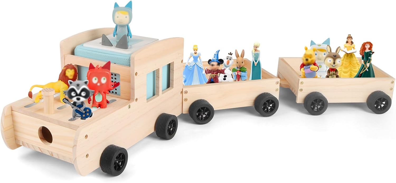 Storage & Play Car for Toniebox and Tonie Figures Storage Shelf (Wooden Trailer), Magnetic Shelves Compatible with Tonie Box Player Character for Children Room (Natural, Car) Natural Wooden Car