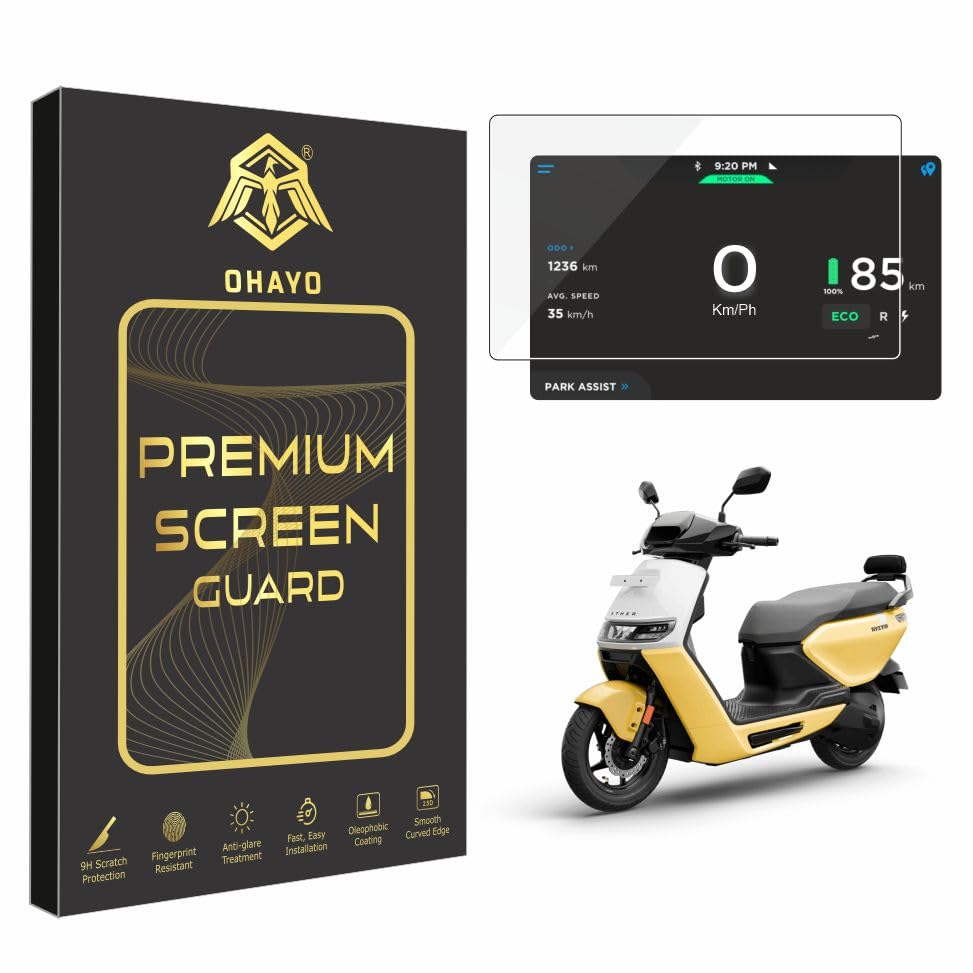 Image of OHAYO 9H Military Strength Display Screen Protector for Ather Rizta Electric Scooter | Not Tempered Glass | Ultra HD Clear Display Guard | Edge-to-Edge Coverage | Scratch Resistant, Tough Protection | Bubble-Free Installation | Durable Car-Style Display Protection Film for Ather Rizta Dashboard Screen