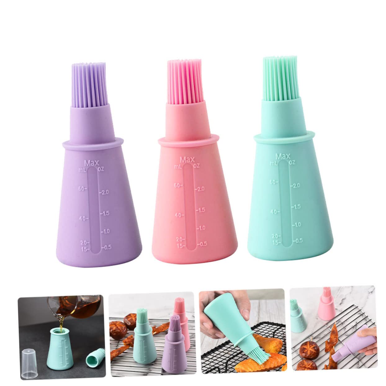HANABASS 3Pcs Silicone Oil Bottle Brush Basting Brush for Bbq Grilling and Baking Convenient Scale Design for Dispensing Options