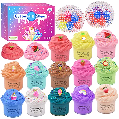 Butter Slime Kit 15 Pack, Including 2 Pack Stress Relief Ballsï¼ŒUnicorn, ice Cream, Animal and Fruit Slime Accessoriesï¼ŒEducational Stress Relief Slime Toys for Girls Boys , Super Soft and Non-Sticky
