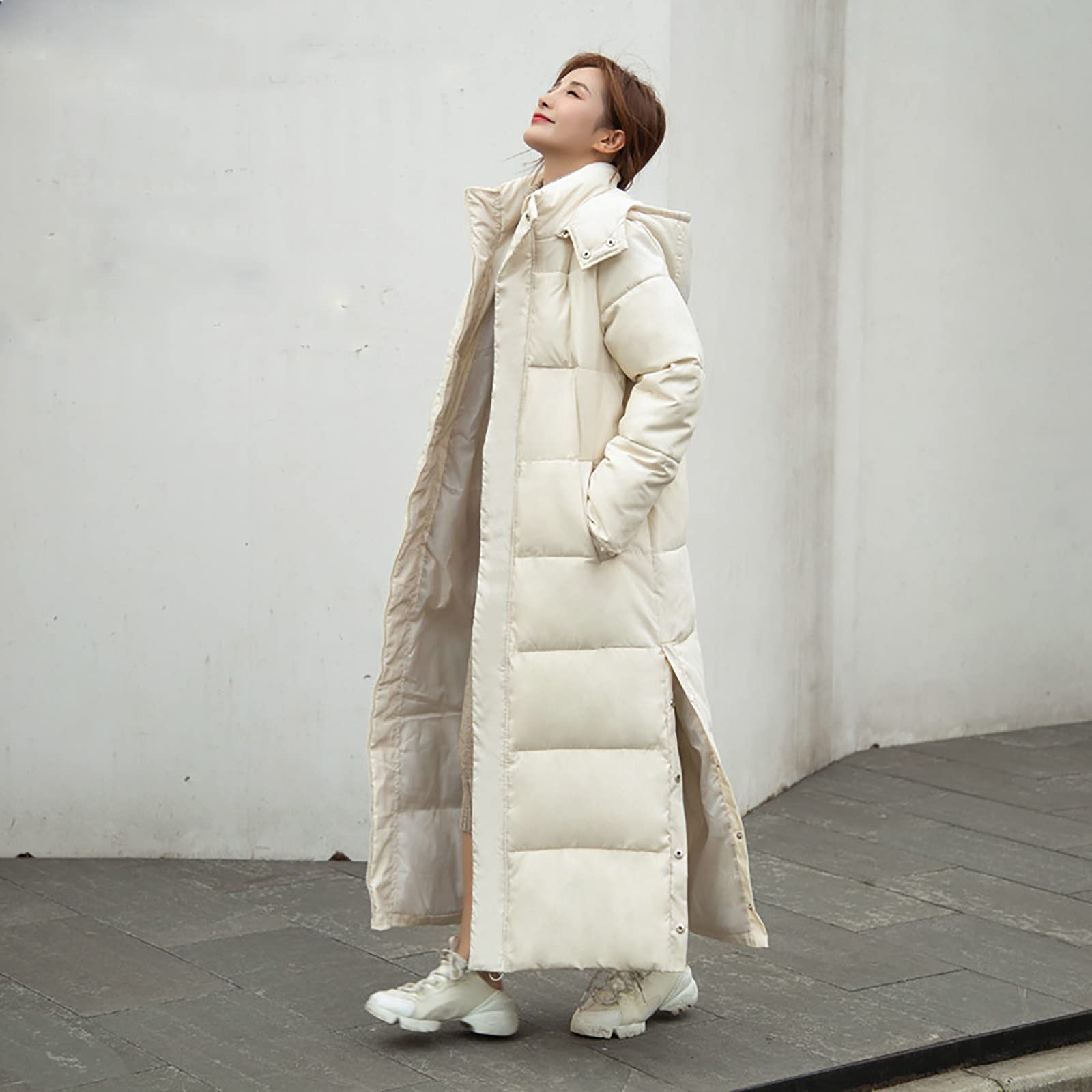 Daunenmantel Damen Lang Mantel Warm Winter Daunenjacke Elegant Mit Taschen Wintermantel Einfarbig Damen-Mäntel Langarm Puffer Jacke Winddicht Winterparka Mit Kapuze Parka Mit Reissverschluss