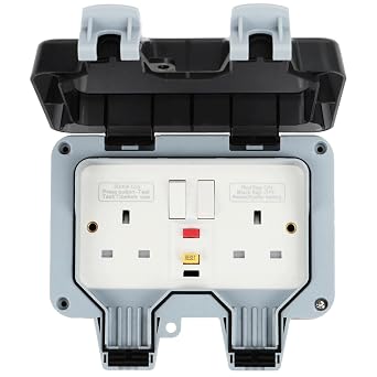 Outdoor RCD Socket, Double Switched Waterproof Sockets 13 Amp 2 Gang IP66 Rated Wall Electrical Outlet